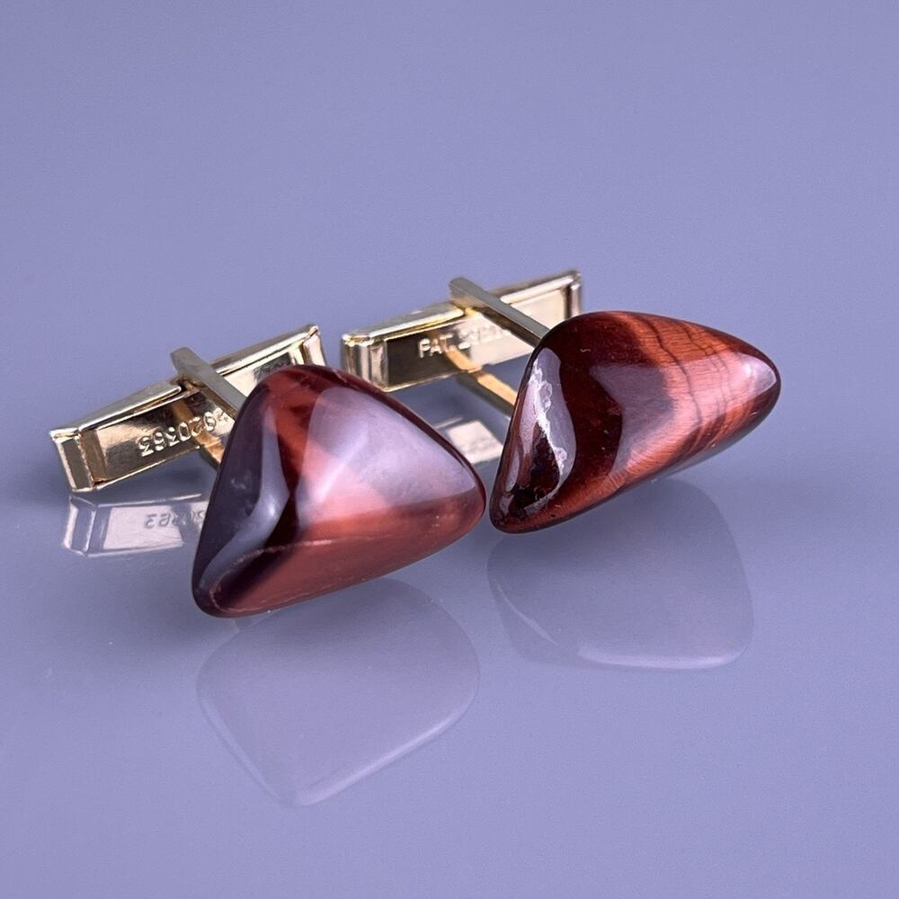 Red Dragon Tigers Eye Stone Cufflinks Chips Chatoyant Vintage